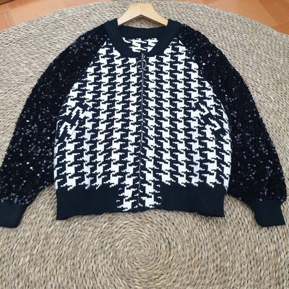Black White Houndstooth Sequin Sleeve Zip Up Knit Jacket